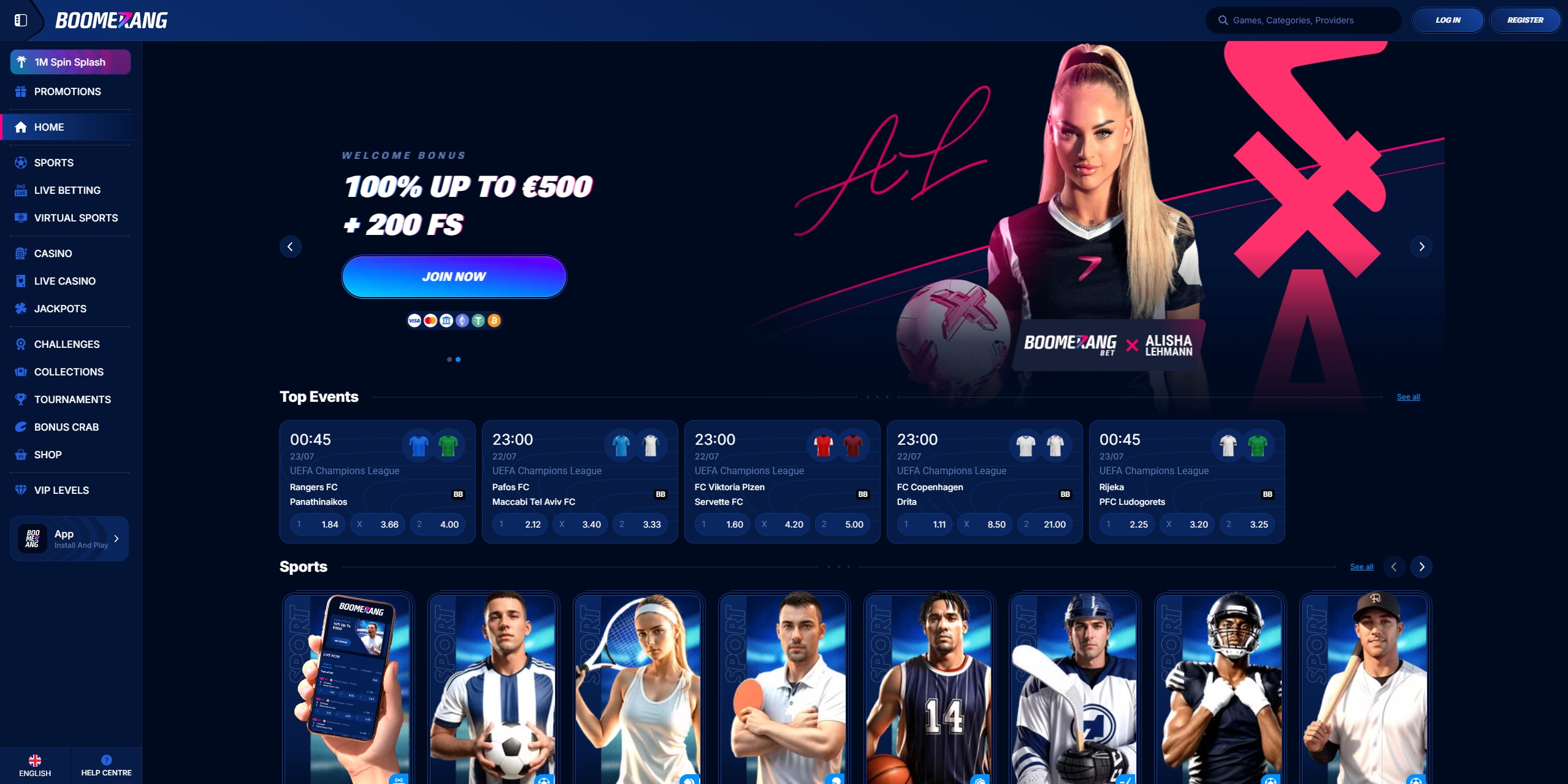 Boomerang Bet Hauptinterface auf dem Desktop
