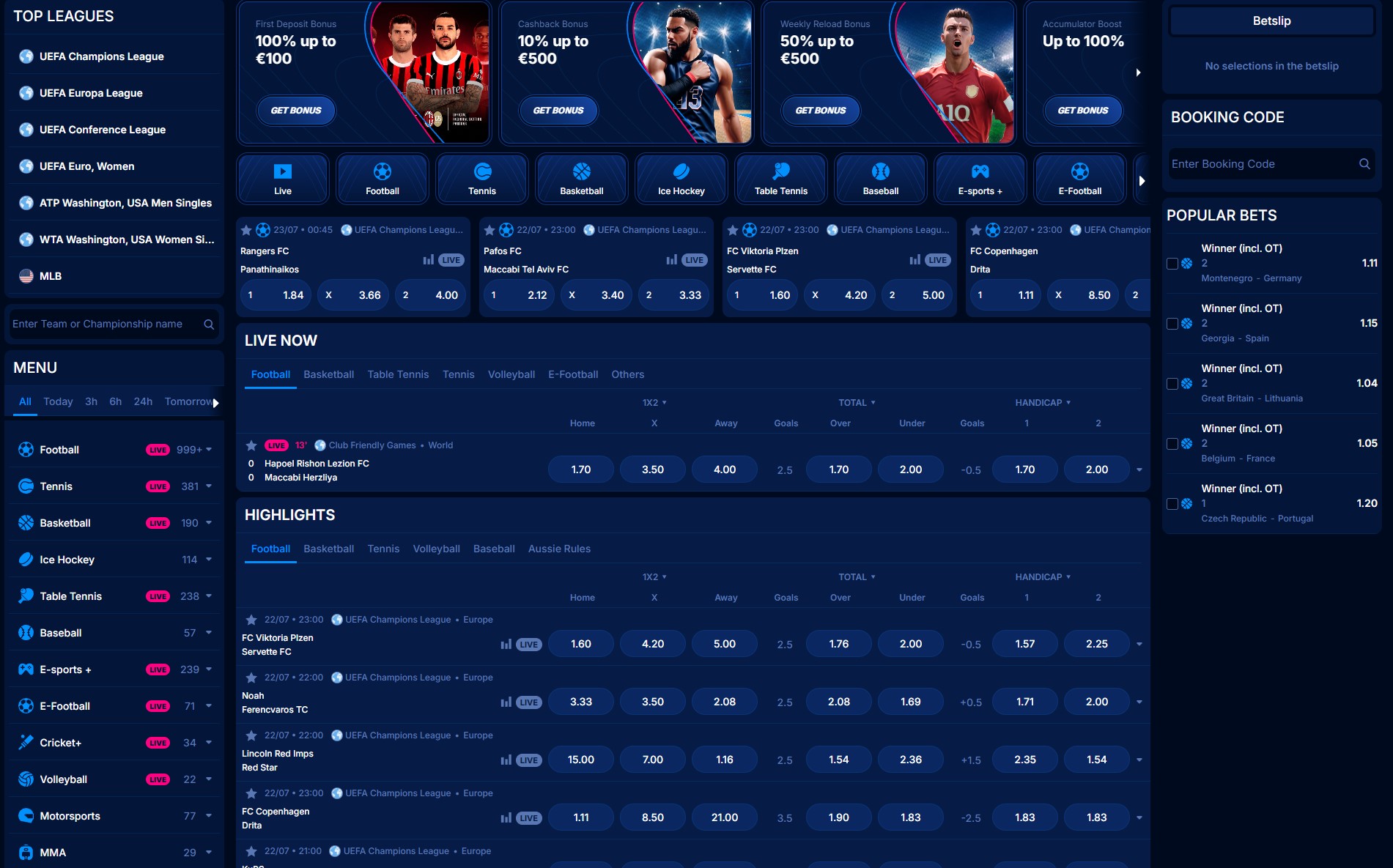 Boomerang Bet Sportwetten-Bereich auf dem Desktop